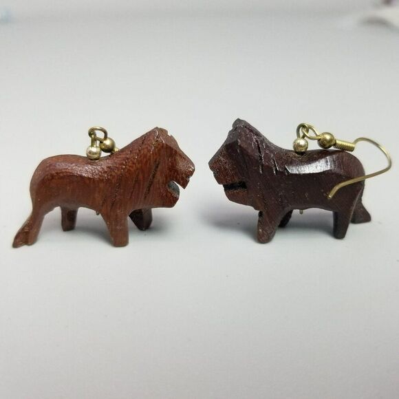 Vintage Jewelry - Vintage Carved Wood Animal Lion Big Cat Dangle Earrings, Estate